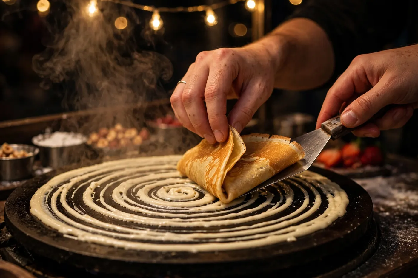 Hands folding a golden crepe on the round griddle