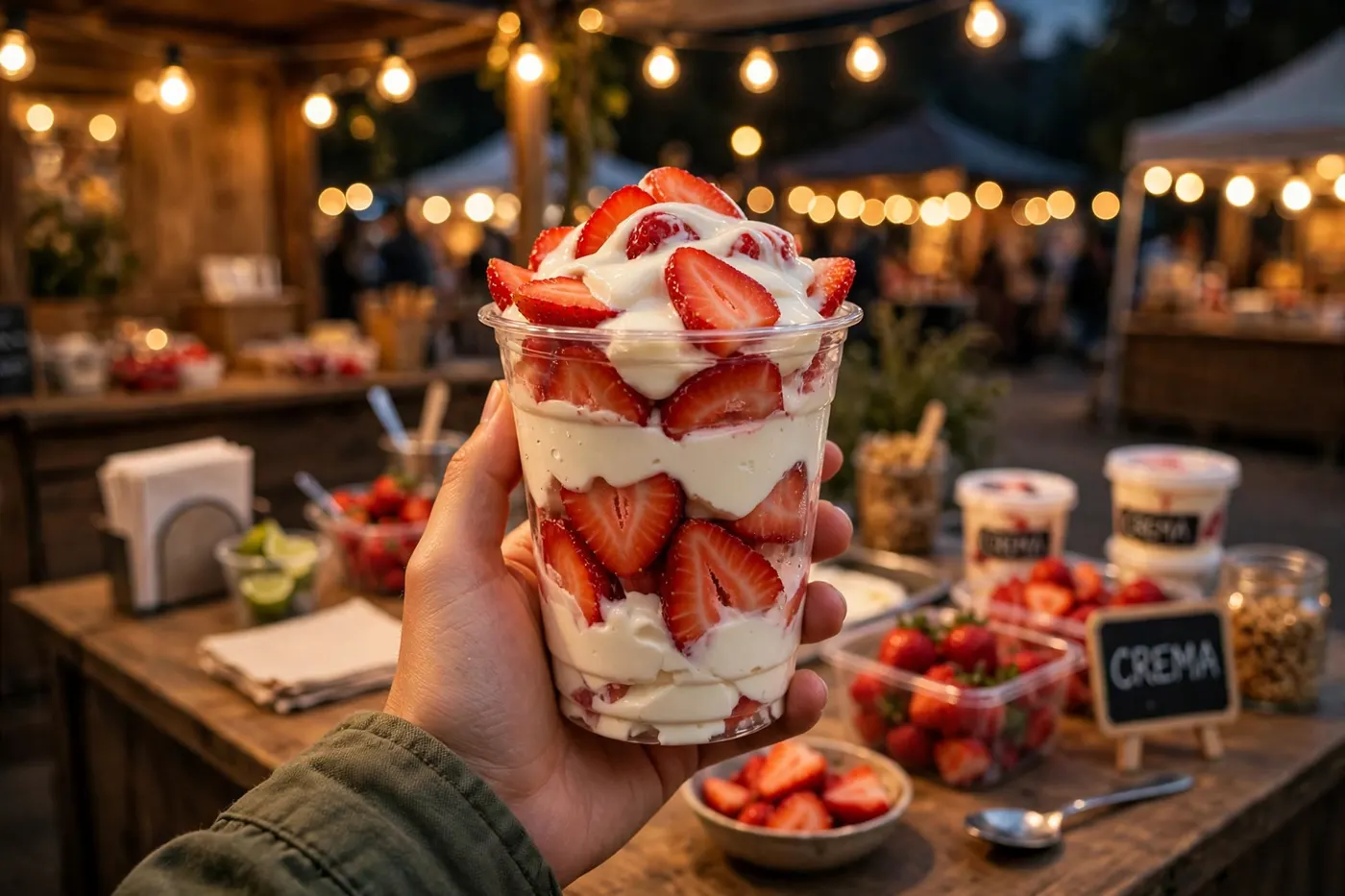 A cup of fresas con crema with fresh strawberries and cream
